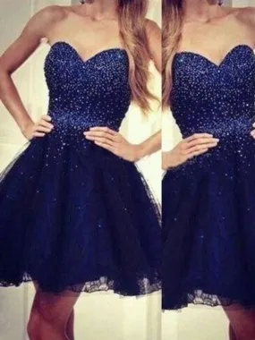 C| Bridelily A-Line Tulle Sweetheart Sleeveless Short/Mini With Beading Prom Dresses