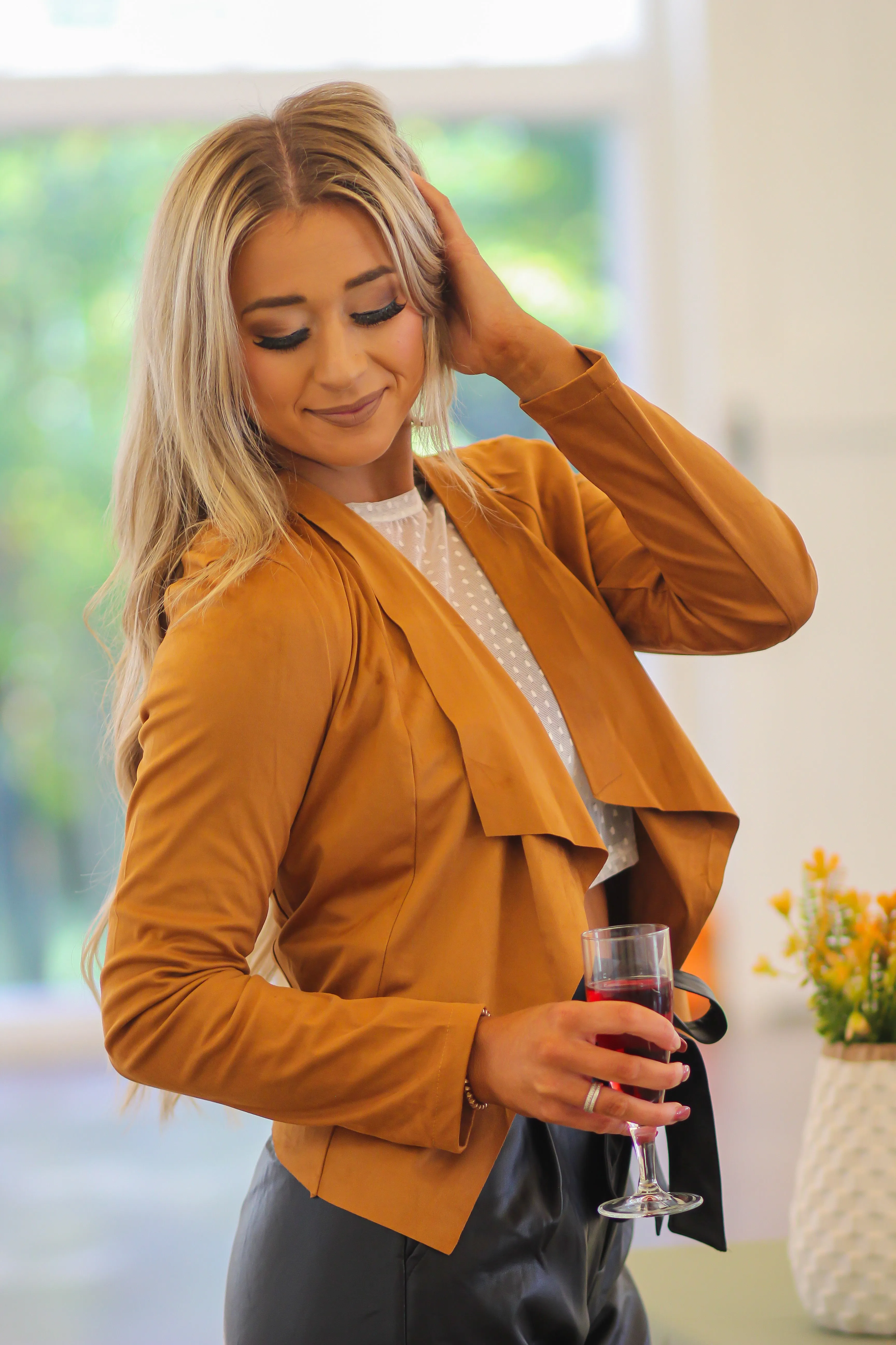 Camel Faux Suede Open Front Jacket