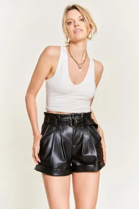 Chic Belted Faux Leather Shorts with Paperbag Waist and D-Ring Belt