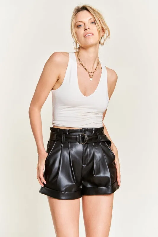 Chic Belted Faux Leather Shorts with Paperbag Waist and D-Ring Belt