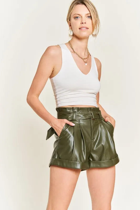 Chic Belted Faux Leather Shorts with Paperbag Waist and D-Ring Belt