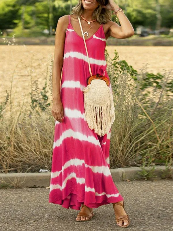 Chic Tie-Dye Striped Swing Dress with Stylish Suspenders and Flattering Silhouette