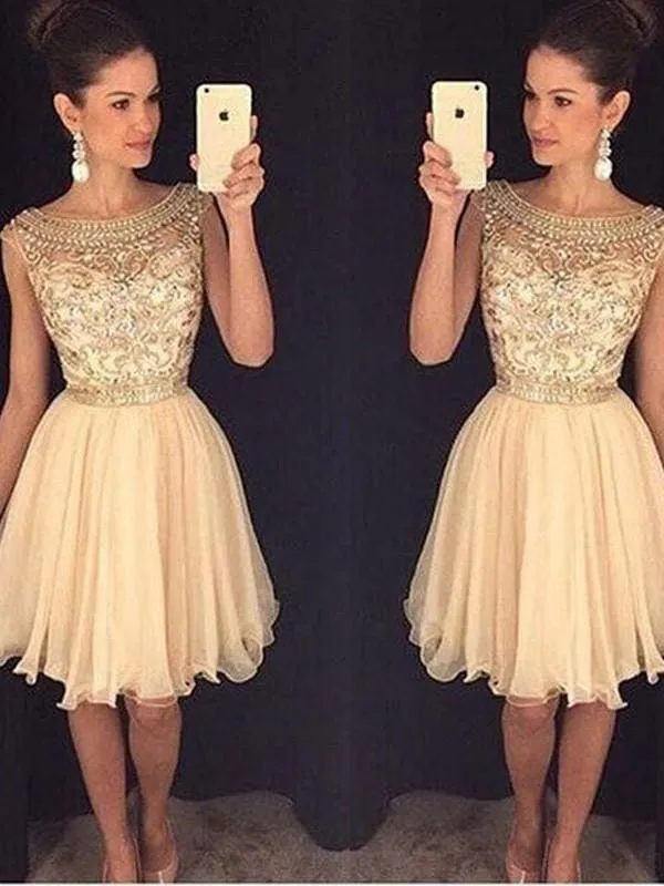Chiffon Scoop Sleeveless A-line Short/Mini With Beading Dresses