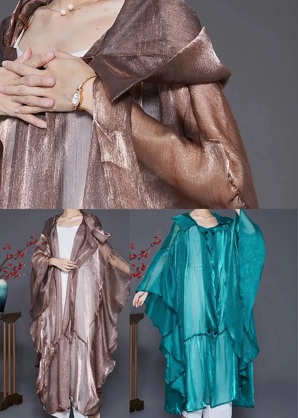 Coffee Patchwork Silk UPF 50  Long Cardigans Hooded Batwing Sleeve LY8062