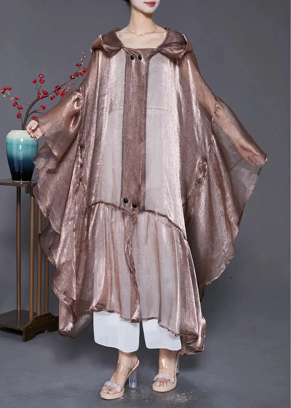 Coffee Patchwork Silk UPF 50  Long Cardigans Hooded Batwing Sleeve LY8062
