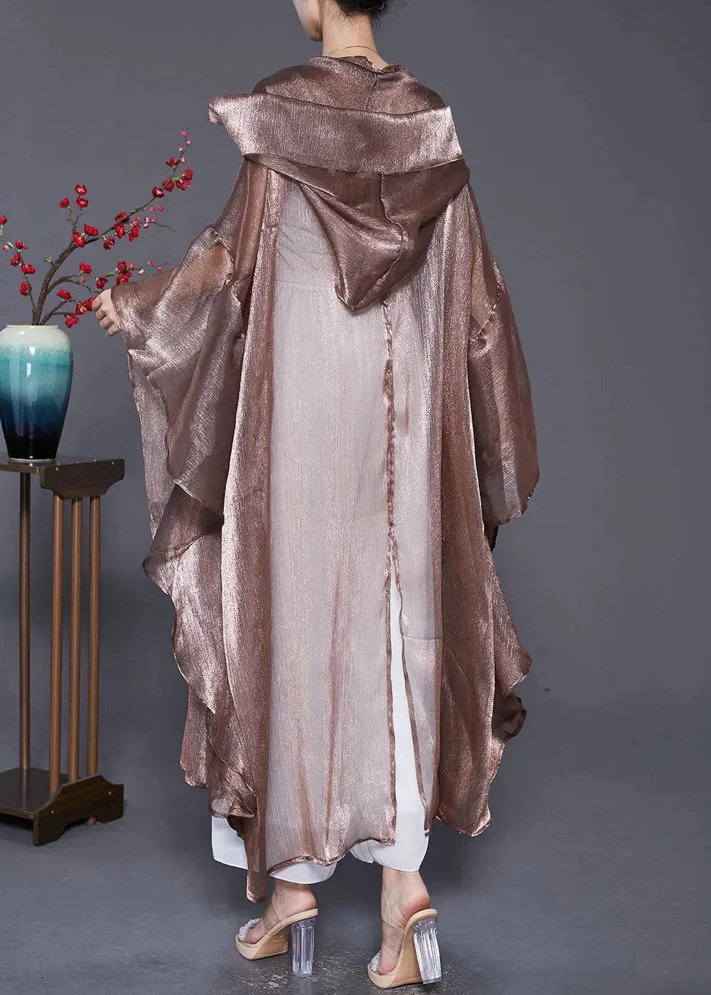 Coffee Patchwork Silk UPF 50  Long Cardigans Hooded Batwing Sleeve LY8062