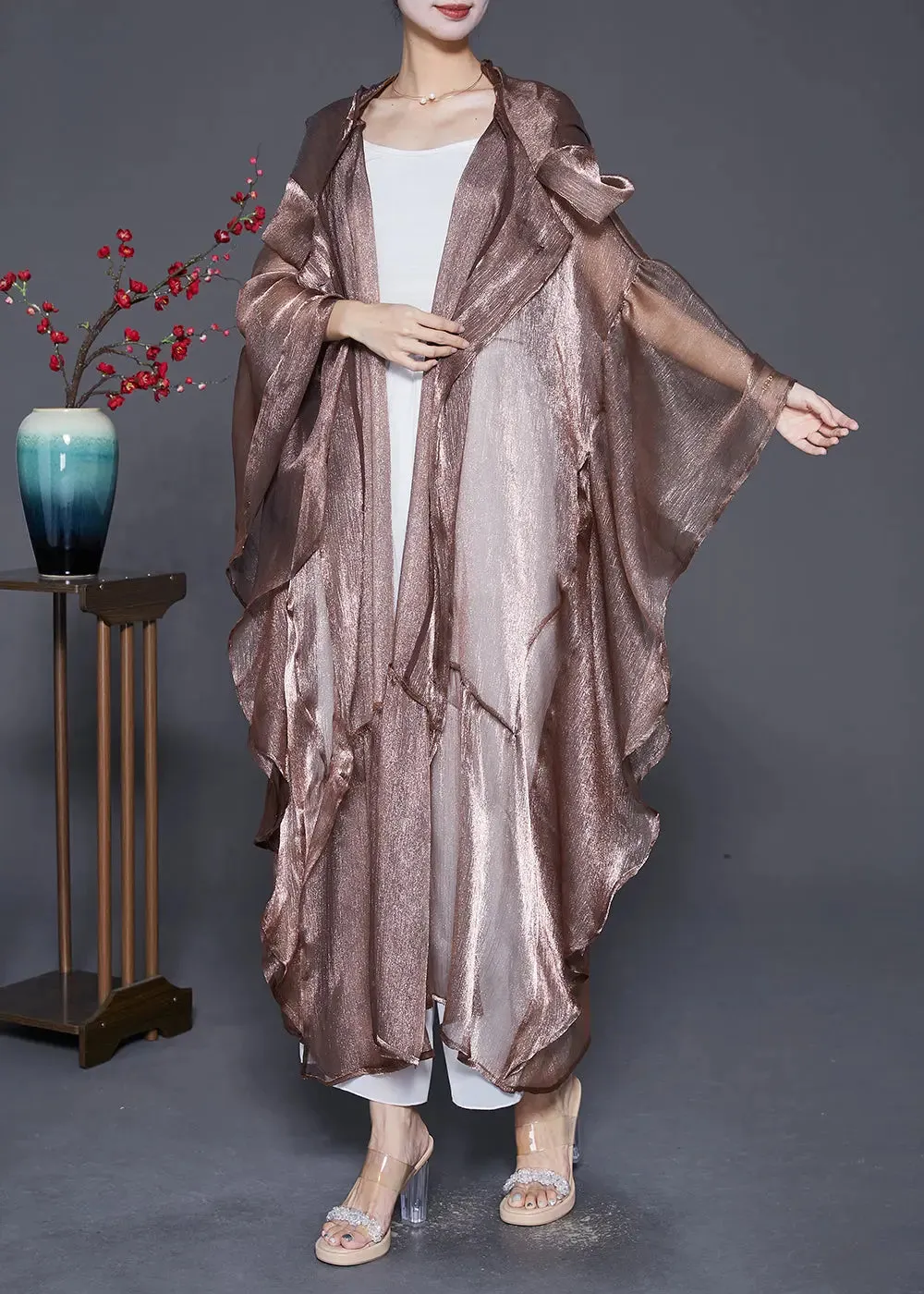 Coffee Patchwork Silk UPF 50  Long Cardigans Hooded Batwing Sleeve LY8062