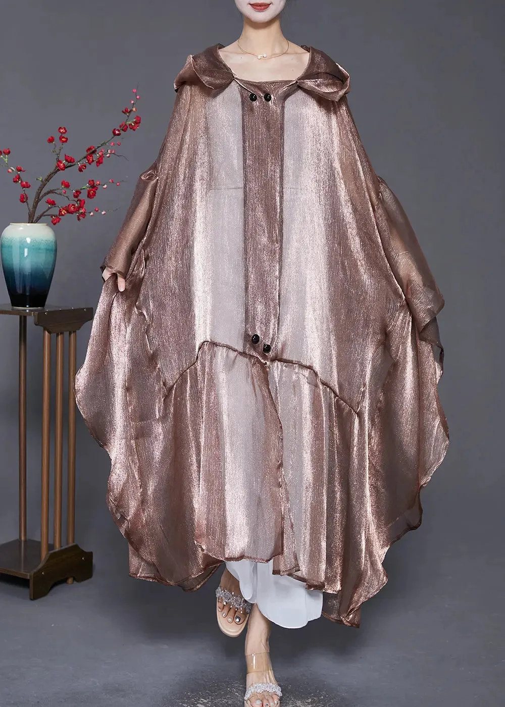 Coffee Patchwork Silk UPF 50  Long Cardigans Hooded Batwing Sleeve LY8062