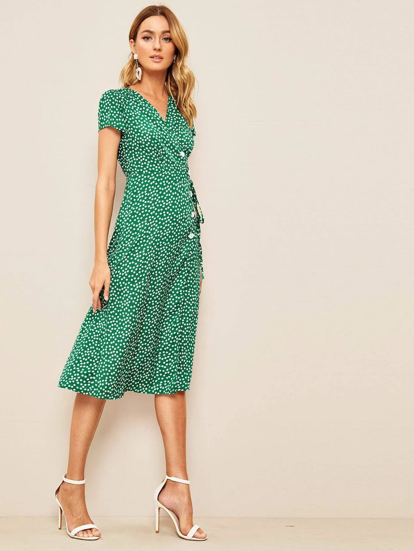 Ditsy Floral Button Front Wrap Dress