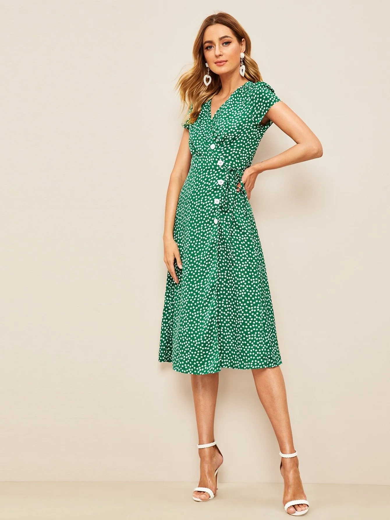 Ditsy Floral Button Front Wrap Dress