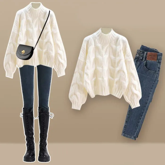 Elegant Pure Color Cable Sweater Plush Pants Set