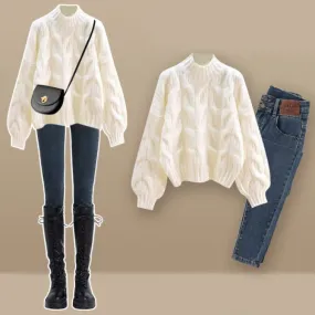 Elegant Pure Color Cable Sweater Plush Pants Set