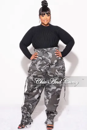 Final Sale Plus Size Camo Paperbag Pants with Elastic Waist in Grey Camouflage
