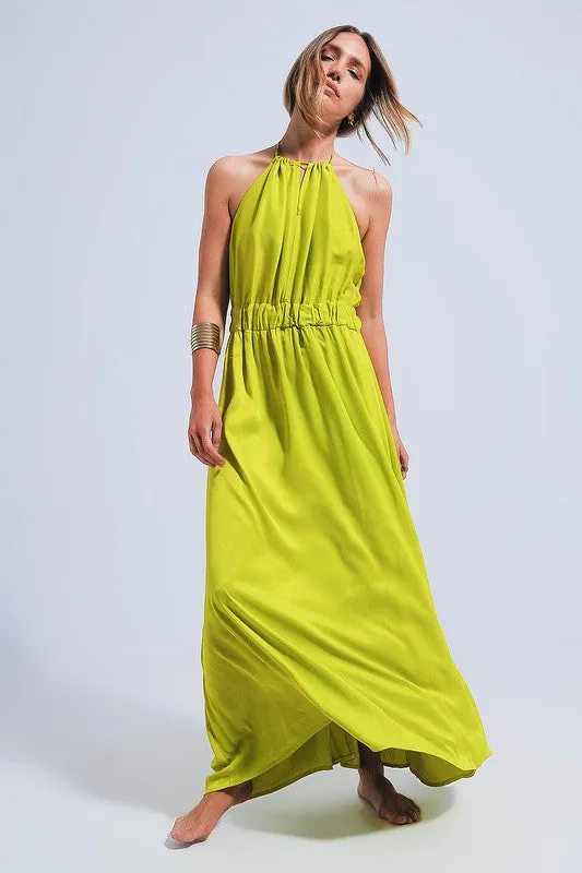 Green Satin Midi Slip Dress In Bright Lime