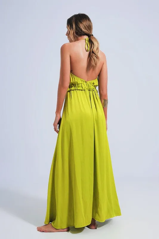 Green Satin Midi Slip Dress In Bright Lime