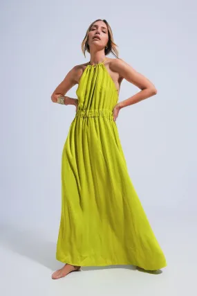 Green Satin Midi Slip Dress In Bright Lime