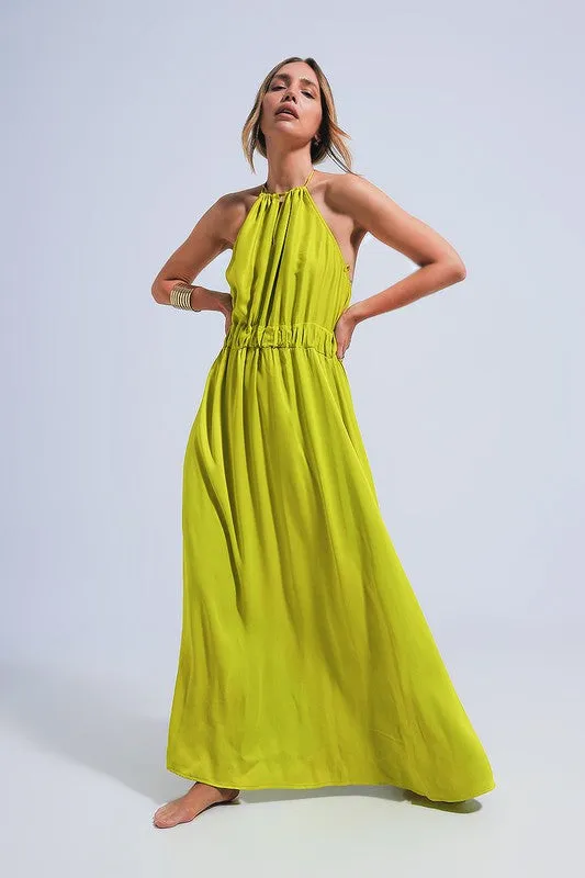 Green Satin Midi Slip Dress In Bright Lime