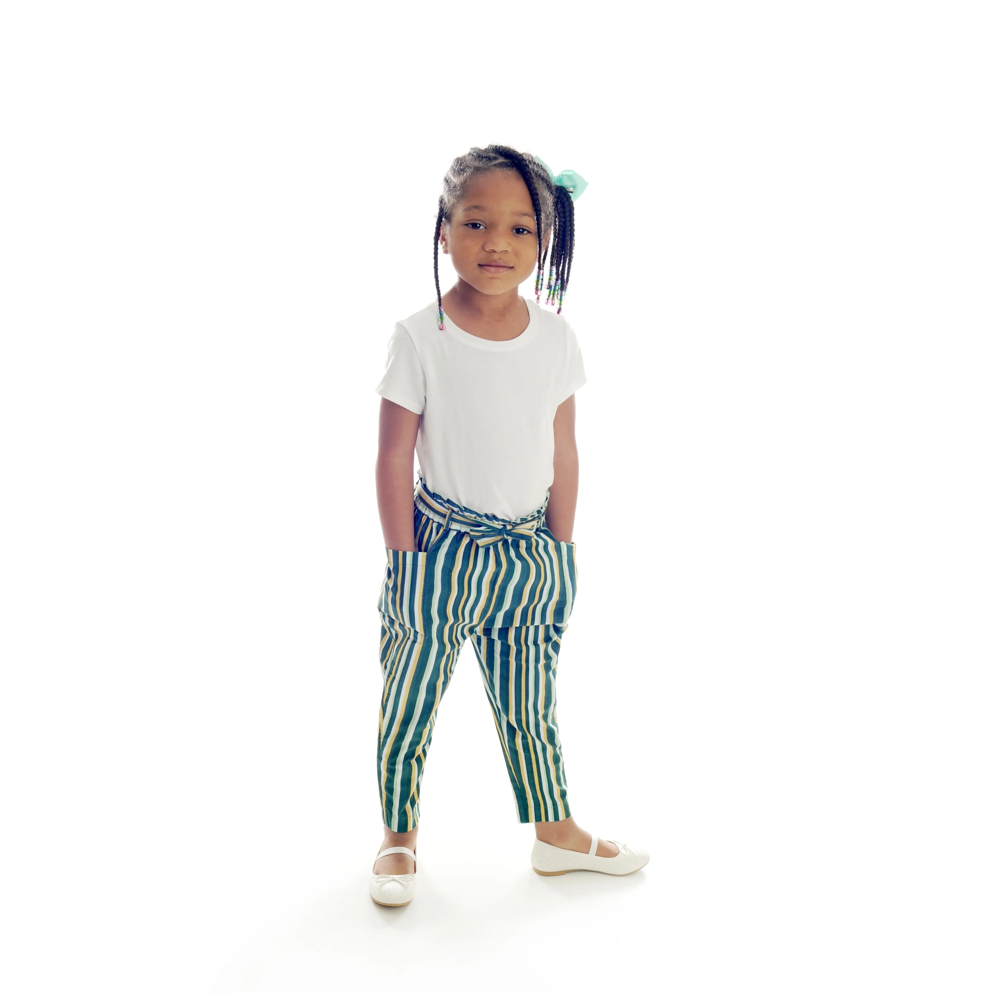 Green Stripes Paperbag Pant with Belt & Pockets