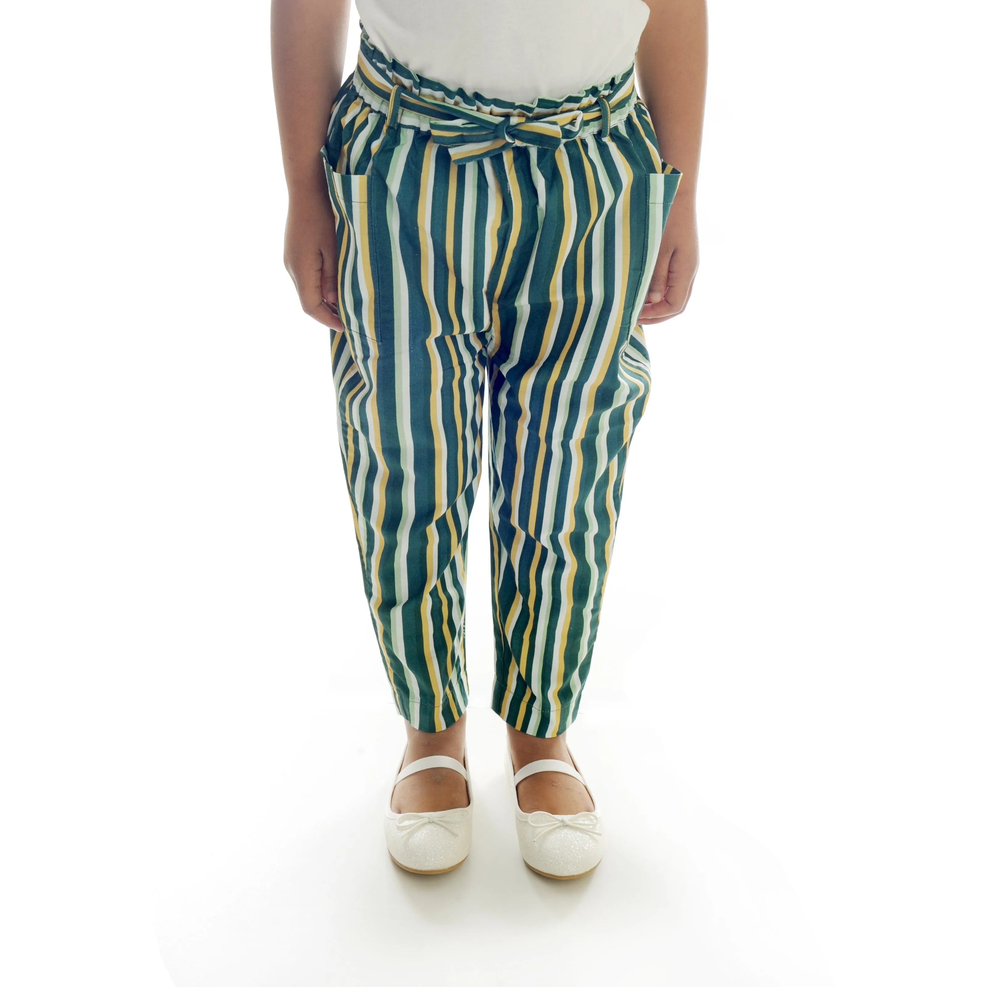 Green Stripes Paperbag Pant with Belt & Pockets