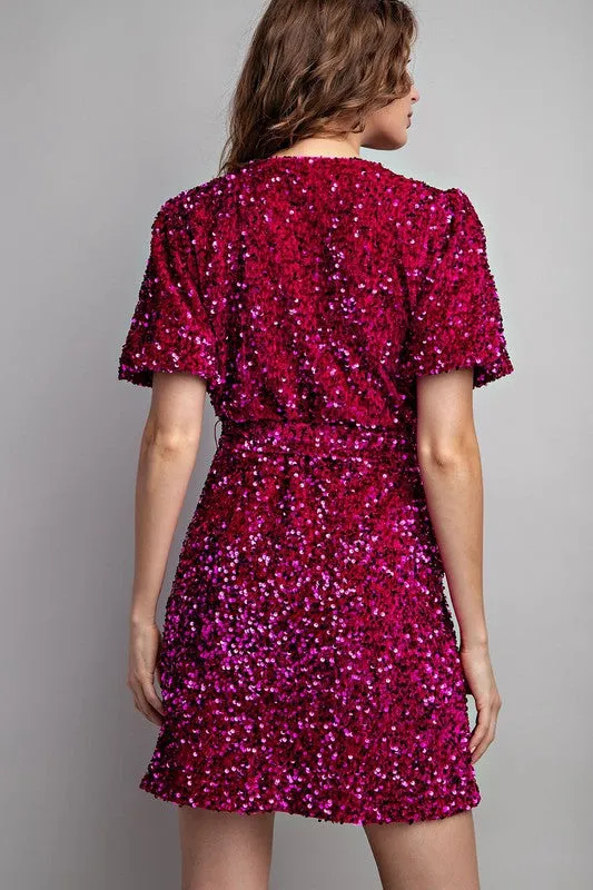 Hot Pink Short Sleeve Sequin Wrap Mini Dress