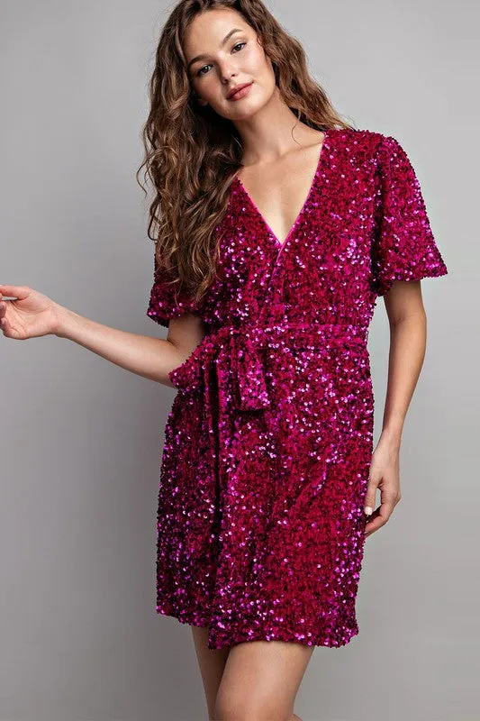 Hot Pink Short Sleeve Sequin Wrap Mini Dress