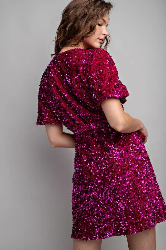 Hot Pink Short Sleeve Sequin Wrap Mini Dress