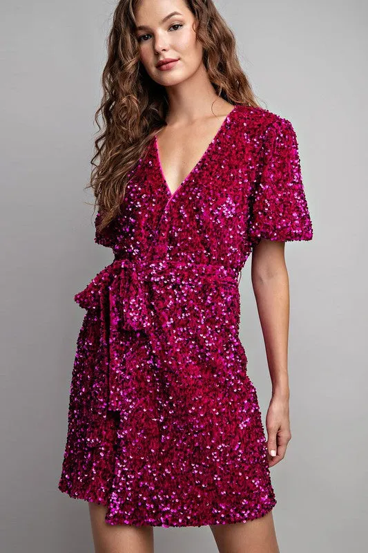 Hot Pink Short Sleeve Sequin Wrap Mini Dress