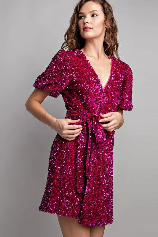 Hot Pink Short Sleeve Sequin Wrap Mini Dress