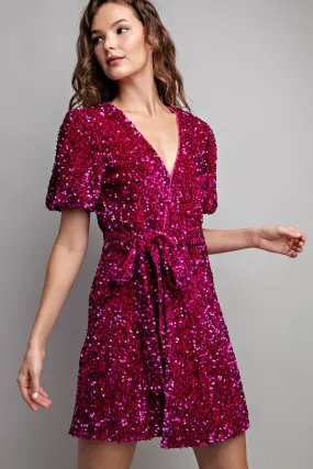 Hot Pink Short Sleeve Sequin Wrap Mini Dress