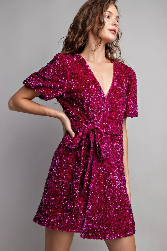 Hot Pink Short Sleeve Sequin Wrap Mini Dress