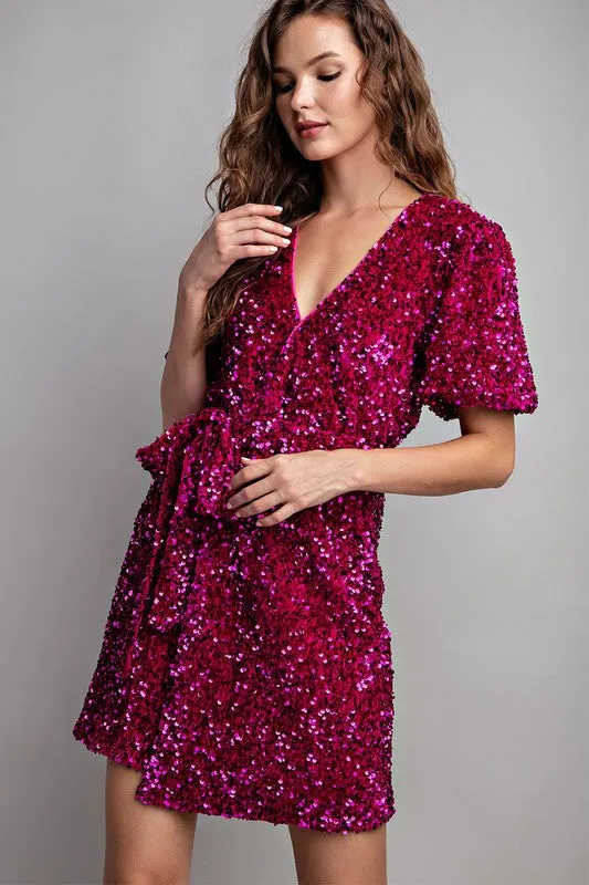 Hot Pink Short Sleeve Sequin Wrap Mini Dress