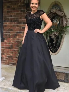 Jewel Sleeveless Floor-Length A-line With Beading Satin Dresses