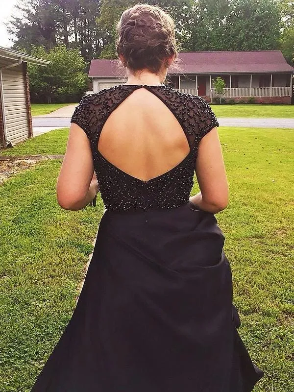 Jewel Sleeveless Floor-Length A-line With Beading Satin Dresses