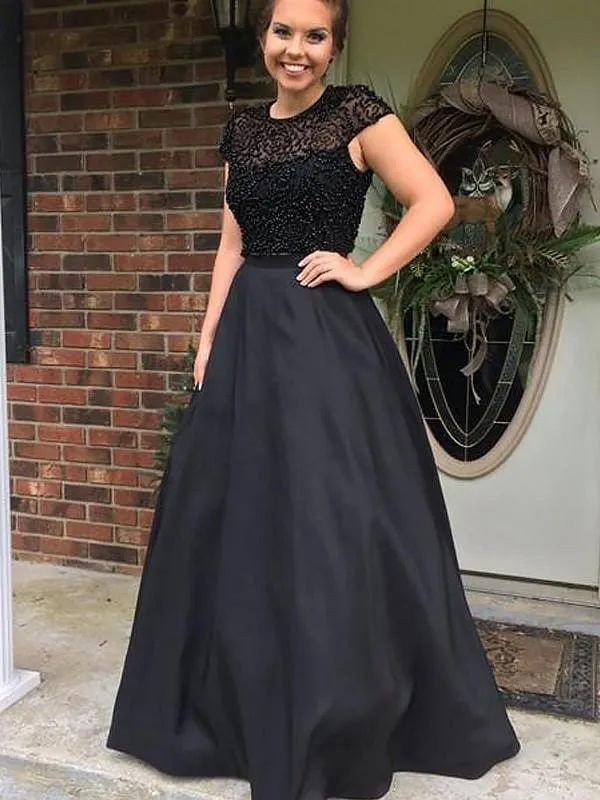 Jewel Sleeveless Floor-Length A-line With Beading Satin Dresses