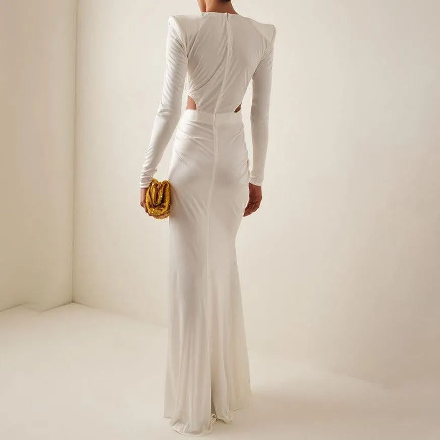 KittenAlarm - Megan Plain Thigh Slit Ruched Maxi Dress