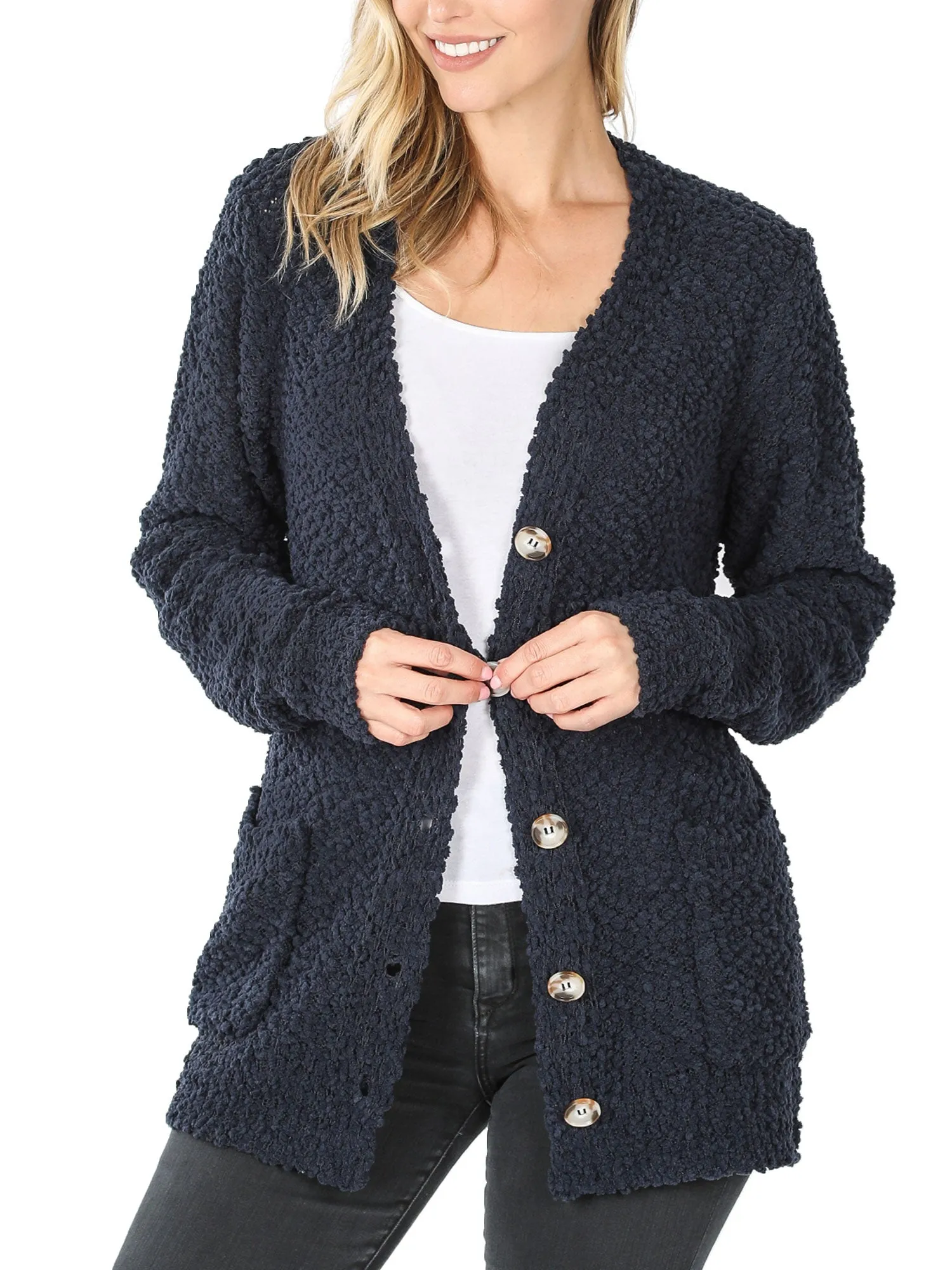 KOGMO Women's Popcorn Sweater Cardigans with Buttons and Pockets