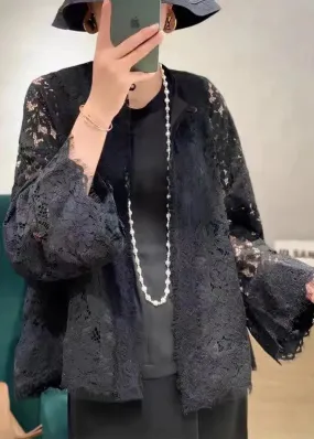 Loose Black O Neck Hollow Out Patchwork Lace Cardigans Flare Sleeve LY9006