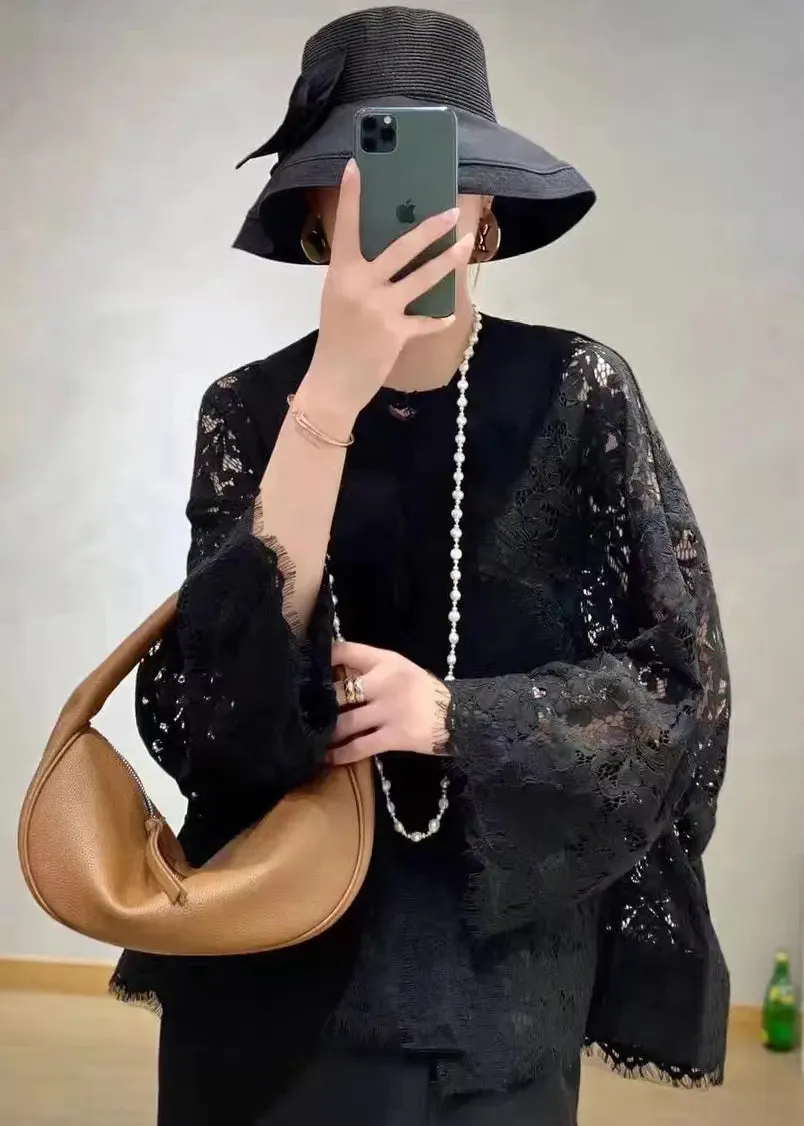 Loose Black O Neck Hollow Out Patchwork Lace Cardigans Flare Sleeve LY9006