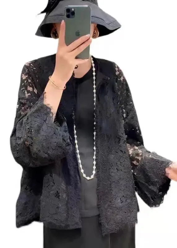 Loose Black O Neck Hollow Out Patchwork Lace Cardigans Flare Sleeve LY9006