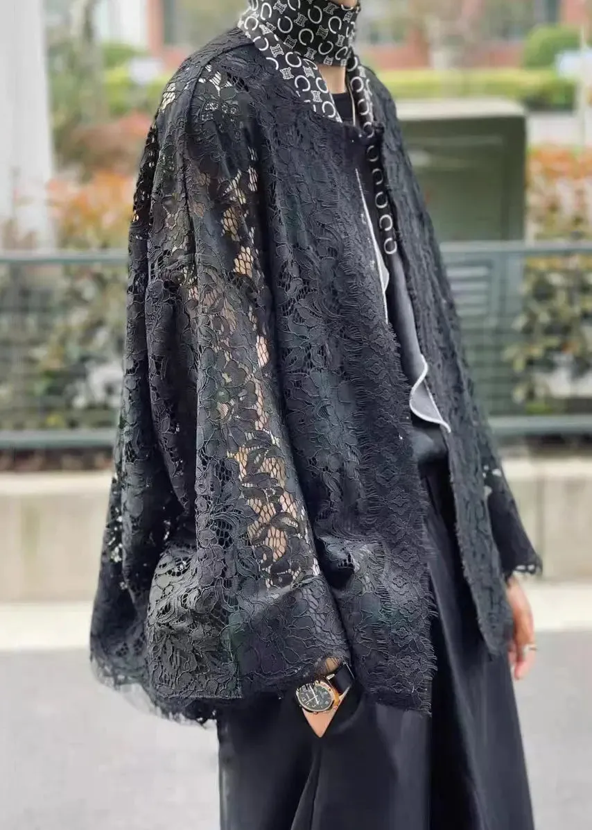 Loose Black O Neck Hollow Out Patchwork Lace Cardigans Flare Sleeve LY9006