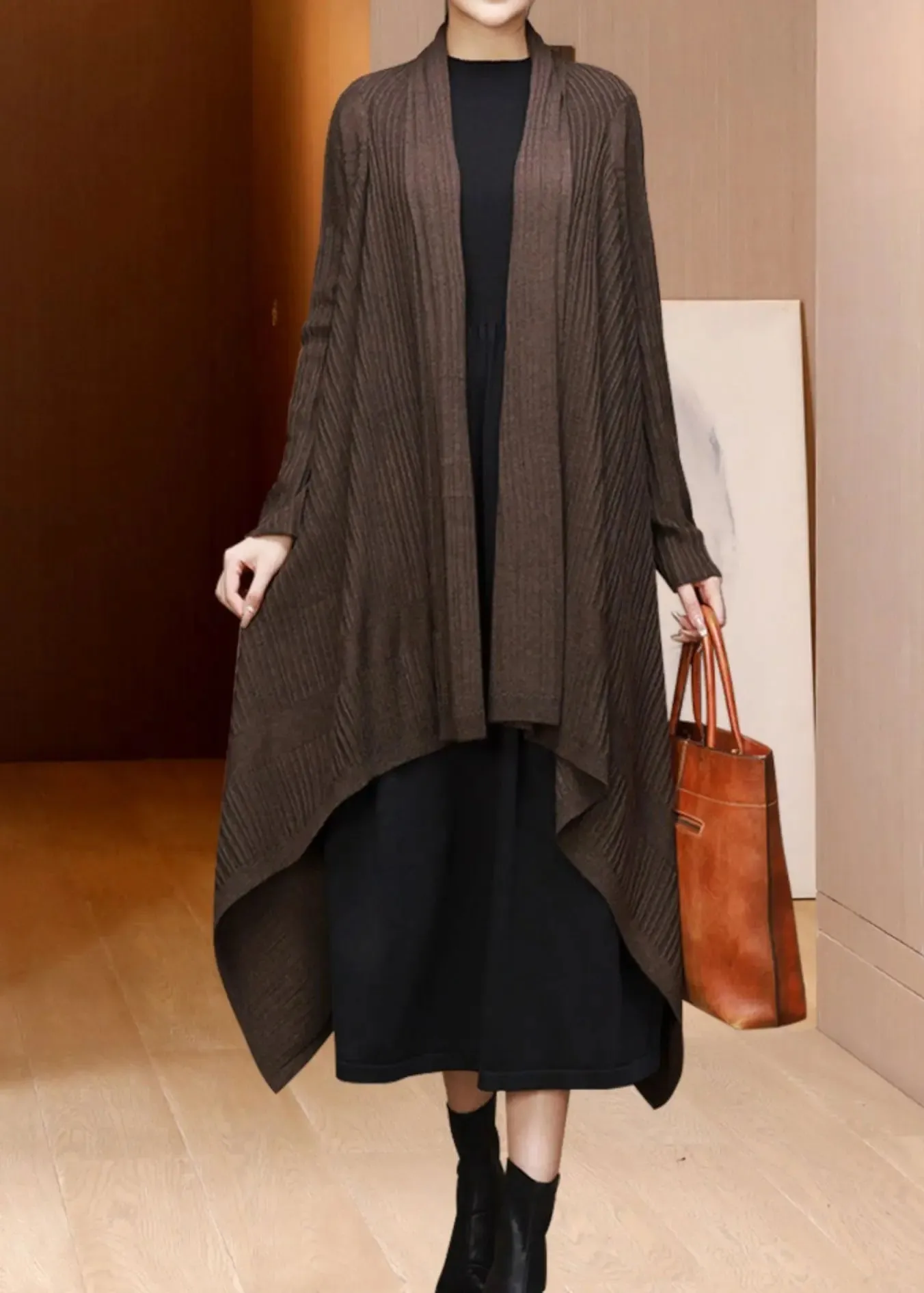 Loose Coffee V Neck Asymmetrical Woolen Cardigans Fall ML2726
