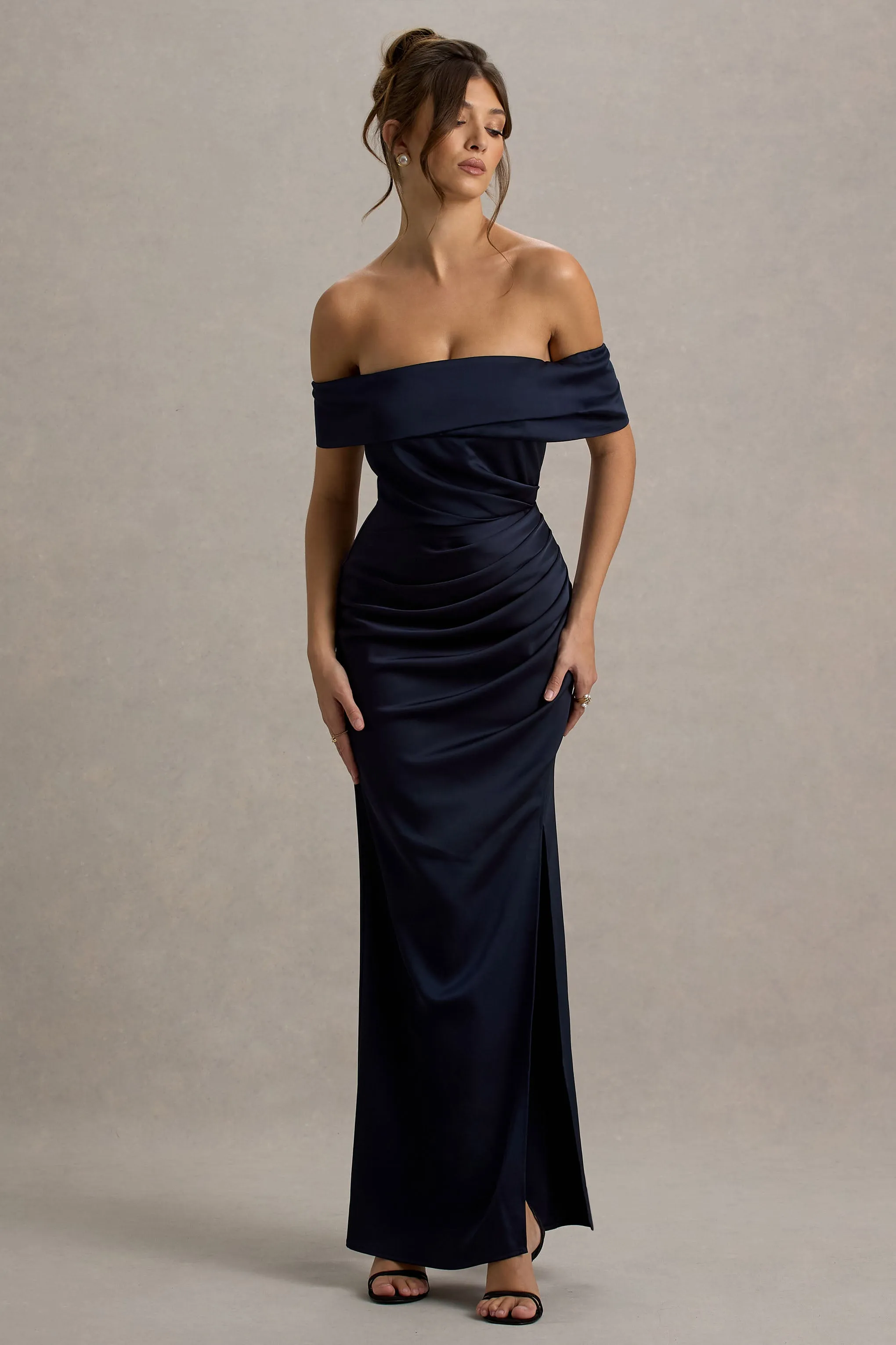 Martine | Navy Satin Bardot Wrap Maxi Dress