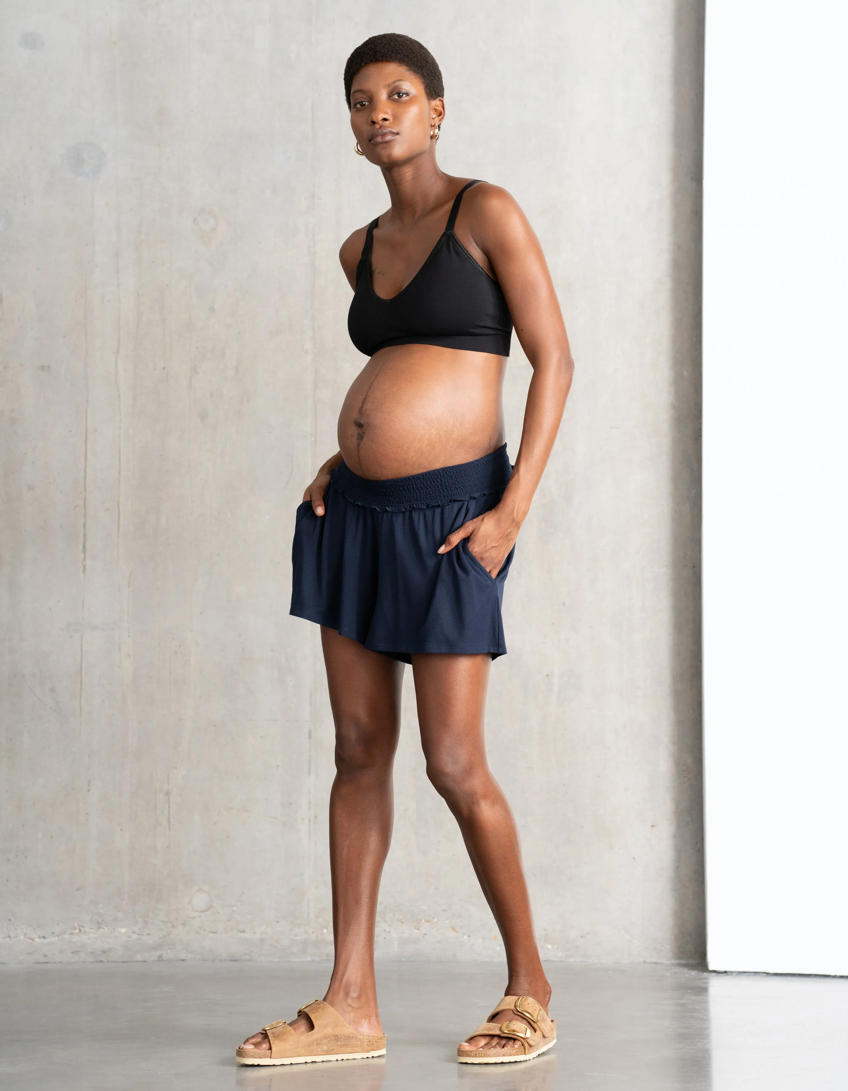 Navy Blue Maternity Shirred Waist Shorts