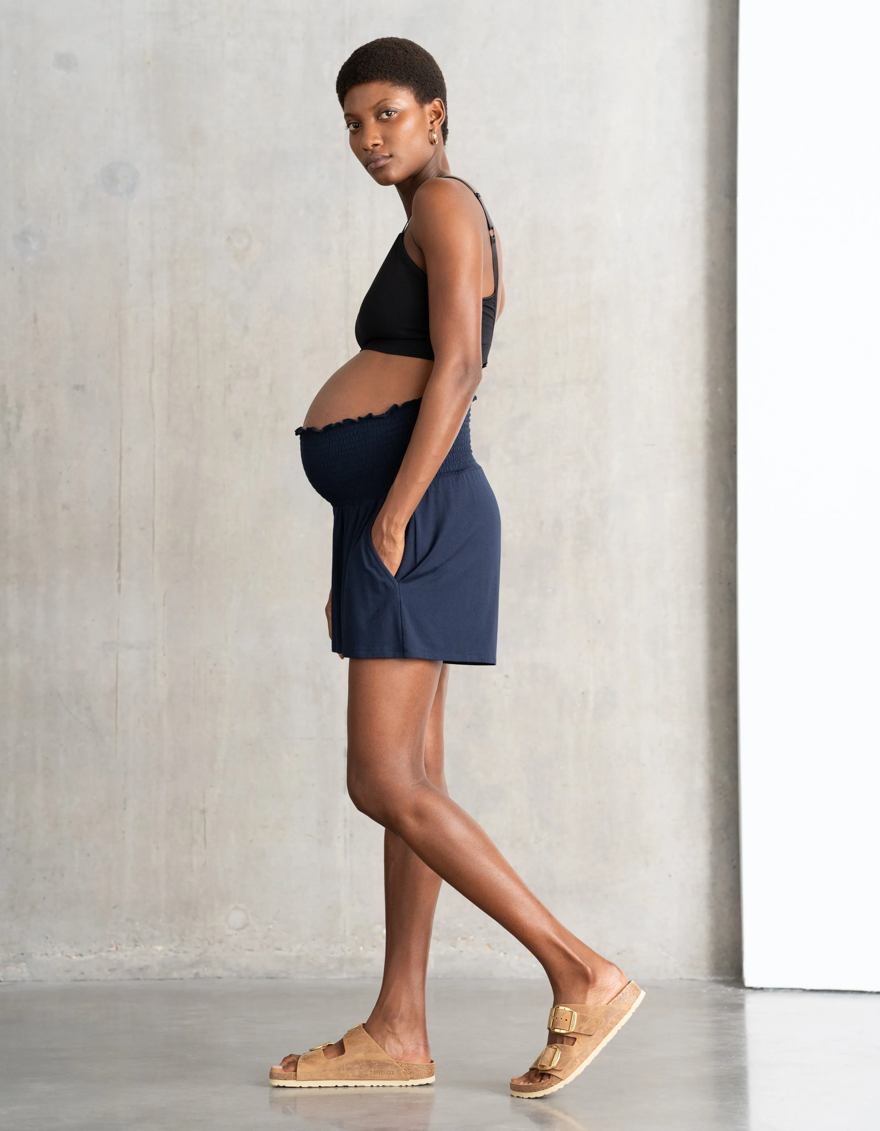 Navy Blue Maternity Shirred Waist Shorts