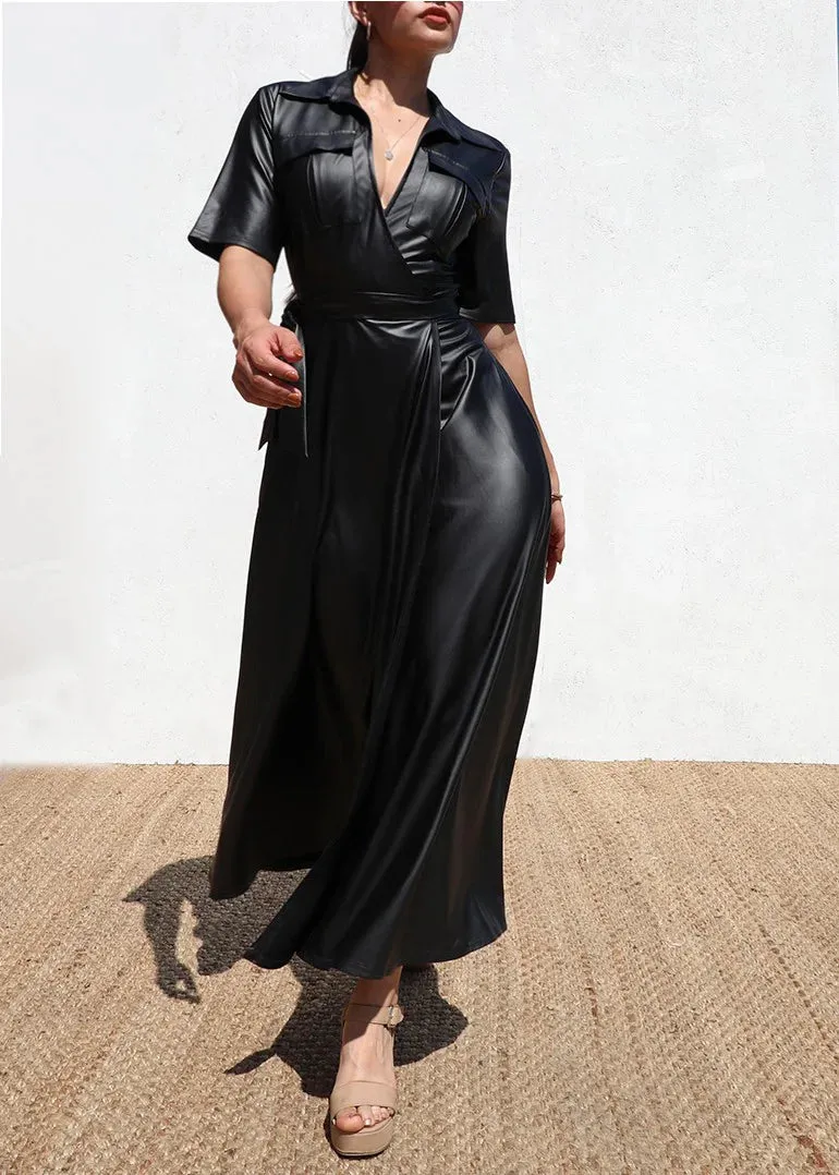 Sky Faux Wrap Leather Maxi Dress