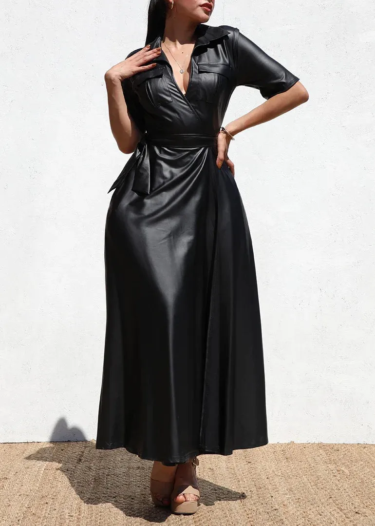 Sky Faux Wrap Leather Maxi Dress