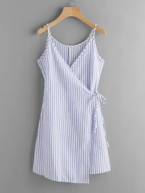 Vertical Striped Wrap Cami Dress