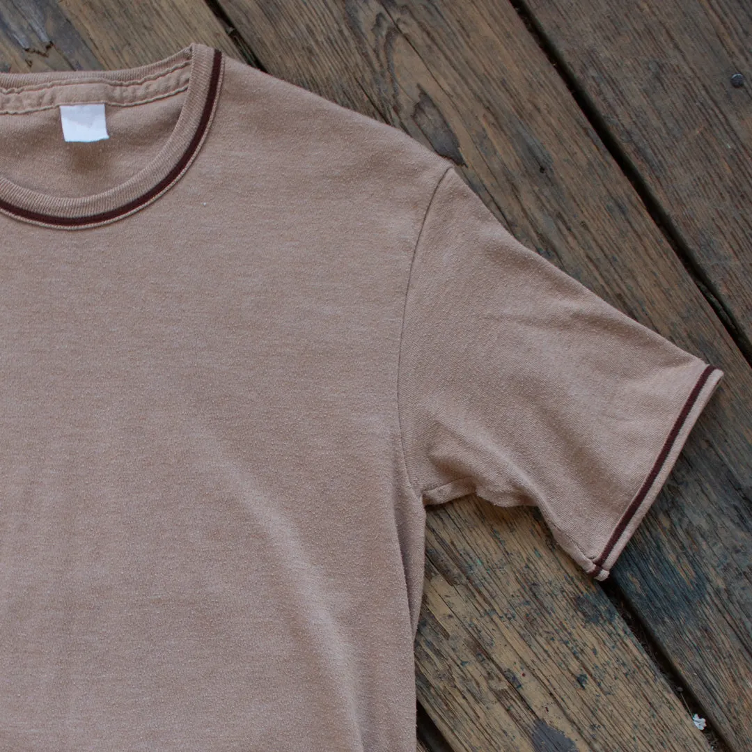 Vintage 1970s Brown Blank T-Shirt with Sleeve & Collar Detail - Small