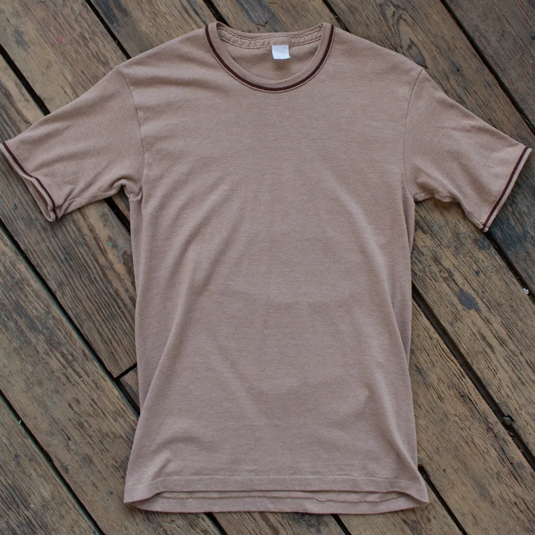 Vintage 1970s Brown Blank T-Shirt with Sleeve & Collar Detail - Small