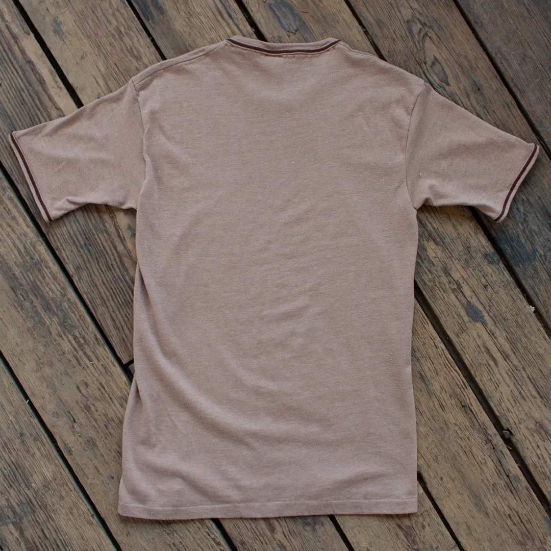 Vintage 1970s Brown Blank T-Shirt with Sleeve & Collar Detail - Small